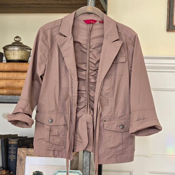 G.I.L.I. stylish khaki Jacket or Blazer with pockets, ruching and tie front. o/s - Picture 2 of 12